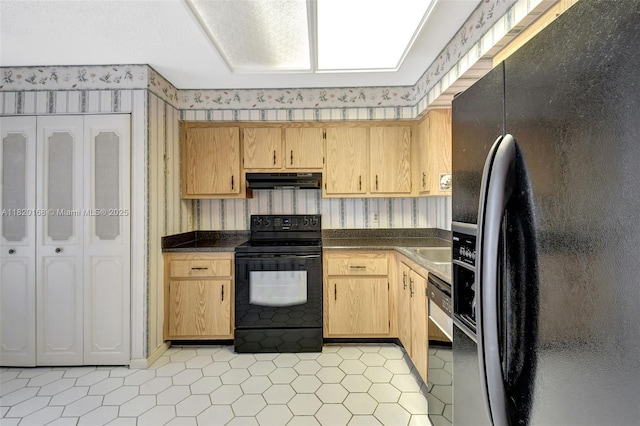14575 Bonaire Blvd Unit 308, Delray Beach, FL 33446 - kitchen featuring black appliances, wallpapered walls, under cabinet range hood, light tile patterned flooring, and dark countertops