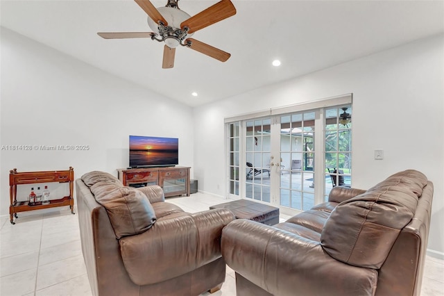 5655 NW 86th Ave, Coral Springs, FL 33067 - living area featuring french doors, light tile patterned floors, recessed lighting, ceiling fan, and vaulted ceiling