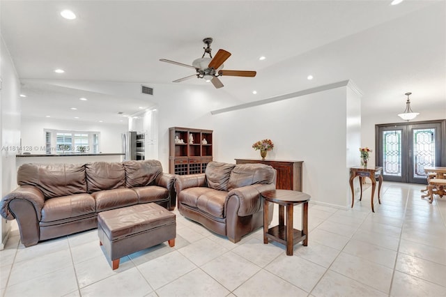 5655 NW 86th Ave, Coral Springs, FL 33067 - living area featuring ceiling fan, recessed lighting, light tile patterned floors, french doors, and vaulted ceiling