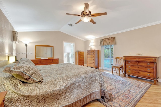 5655 NW 86th Ave, Coral Springs, FL 33067 - bedroom with lofted ceiling, ornamental molding, wood finished floors, ceiling fan, and access to outside