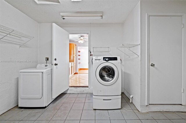 1081 NW 89th Ave, Plantation, FL 33322 - washroom with a textured ceiling, washer and clothes dryer, a ceiling fan, and light tile patterned floors