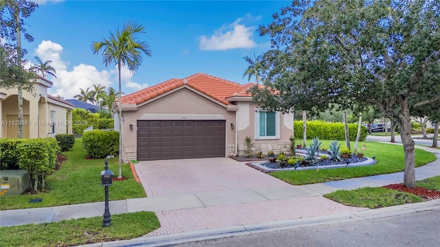 1753 Aspen Ln, Weston, FL 33327 - mediterranean / spanish house with a tile roof, a garage, driveway, a front lawn, and stucco siding