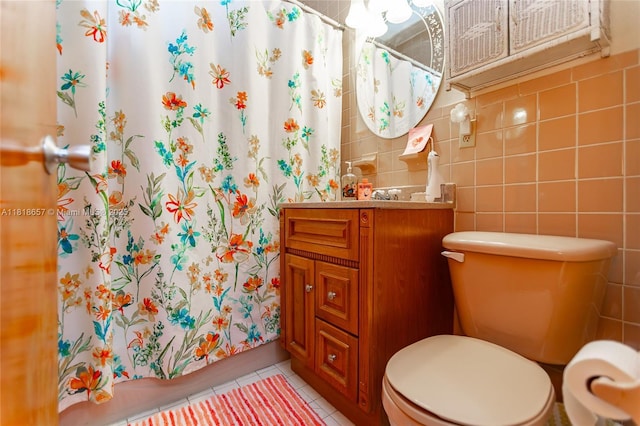 7110 SW 13th Ter, Miami, FL 33144 - full bathroom with tile patterned floors, vanity, a shower with curtain, and tile walls