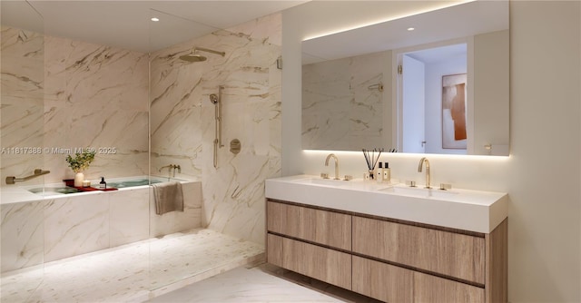 2901 NE 9th Ct Unit 6A, Fort Lauderdale, FL 33384 - full bathroom featuring marble tiled flooring, double vanity, a marble finish shower, a garden tub, and recessed lighting