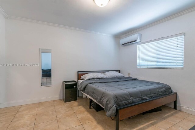 1300 Salzedo St Unit 4, Coral Gables, FL 33134 - bedroom featuring a wall mounted air conditioner, crown molding, and light tile patterned flooring