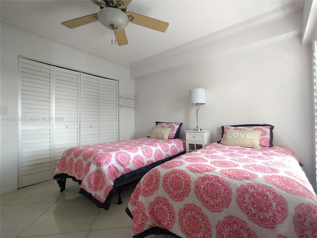 575 Crandon Blvd Unit 706, Key Biscayne, FL 33149 - tiled bedroom with crown molding, a closet, and ceiling fan