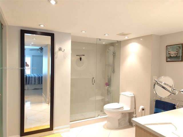 575 Crandon Blvd Unit 706, Key Biscayne, FL 33149 - full bath featuring tile patterned floors, a shower stall, connected bathroom, vanity, and ceiling fan