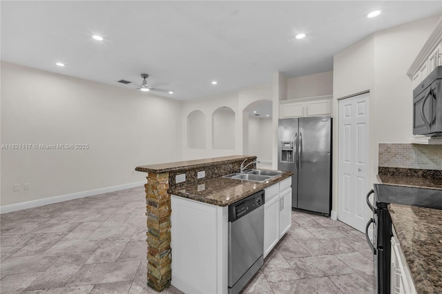 13227 SW 42nd St Unit 8103, Miramar, FL 33027 - kitchen with appliances with stainless steel finishes, a kitchen island with sink, white cabinetry, recessed lighting, and ceiling fan