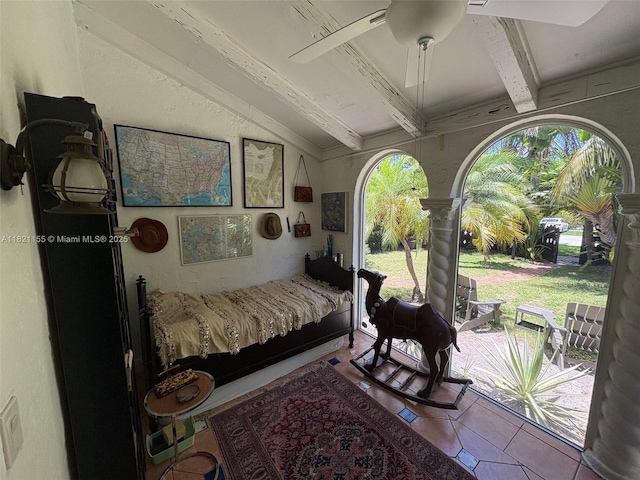 3767 Royal Palm Ave, Miami Beach, FL 33140 - bedroom featuring tile patterned floors, access to outside, and ceiling fan