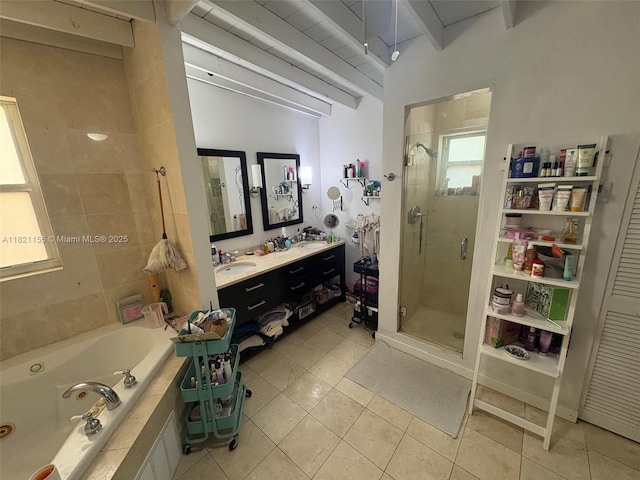 3767 Royal Palm Ave, Miami Beach, FL 33140 - full bath with a shower stall, tile patterned flooring, a jetted tub, double vanity, and beamed ceiling