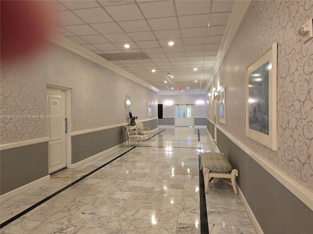 3800 S Ocean Dr Unit 425, Hollywood, FL 33019 - corridor with crown molding, wallpapered walls, marble tiled flooring, and recessed lighting