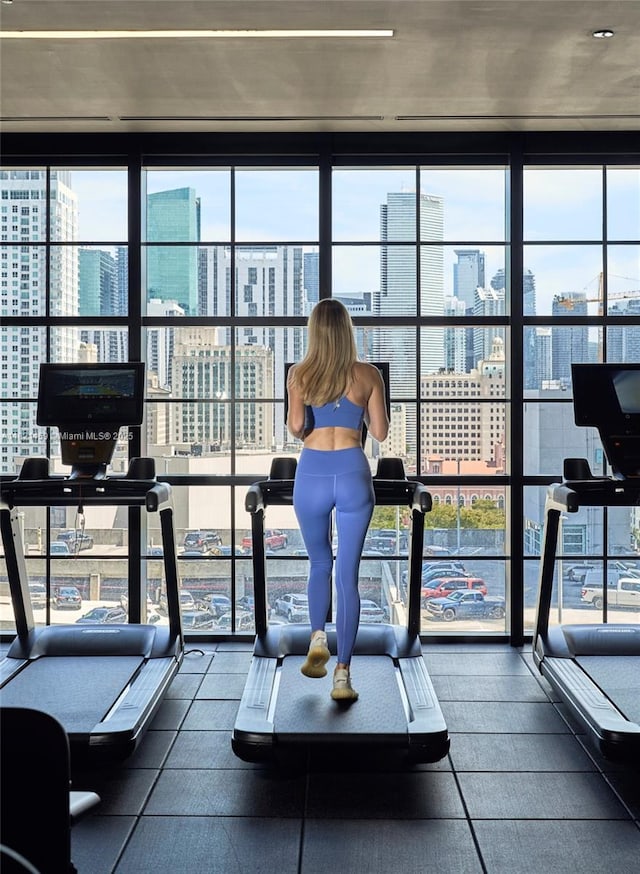 159 NE 6th St Unit 3016, Miami, FL 33132 - gym with floor to ceiling windows, plenty of natural light, and a city view