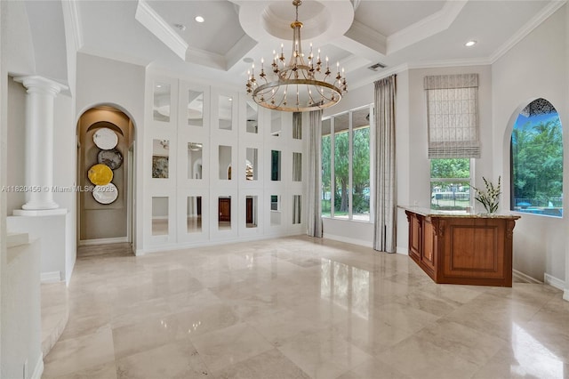 15093 SW 16th St, Davie, FL 33326 - foyer entrance featuring light marble finish floors, crown molding, a high ceiling, coffered ceiling, and a chandelier