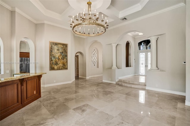 15093 SW 16th St, Davie, FL 33326 - empty room featuring arched walkways, light marble finish flooring, crown molding, coffered ceiling, and a high ceiling