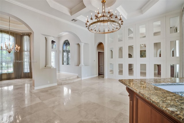 15093 SW 16th St, Davie, FL 33326 - foyer featuring a chandelier, coffered ceiling, crown molding, arched walkways, and light marble finish flooring