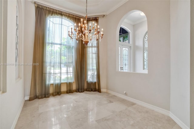 15093 SW 16th St, Davie, FL 33326 - unfurnished room with healthy amount of natural light, arched walkways, a chandelier, and ornamental molding