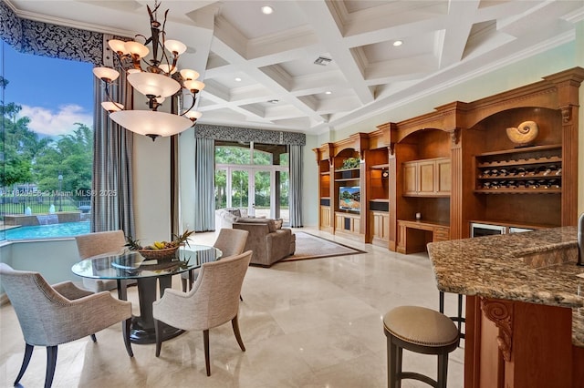 15093 SW 16th St, Davie, FL 33326 - dining area featuring coffered ceiling, crown molding, beam ceiling, a chandelier, and recessed lighting