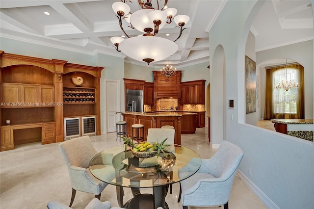 15093 SW 16th St, Davie, FL 33326 - dining room featuring a chandelier, coffered ceiling, arched walkways, beam ceiling, and crown molding