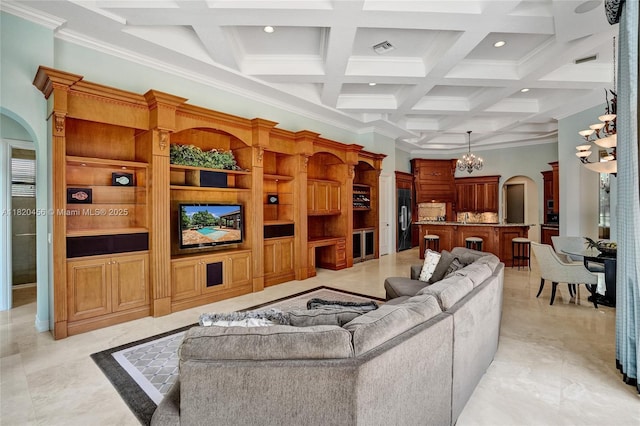 15093 SW 16th St, Davie, FL 33326 - living area featuring arched walkways, a chandelier, coffered ceiling, beamed ceiling, and recessed lighting