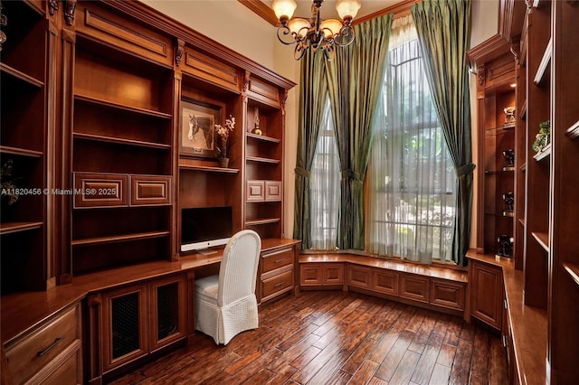 15093 SW 16th St, Davie, FL 33326 - unfurnished office featuring built in study area, a chandelier, and dark wood-type flooring