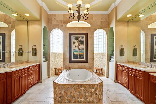 15093 SW 16th St, Davie, FL 33326 - bathroom with crown molding, stone tile flooring, two vanities, a whirlpool tub, and a chandelier