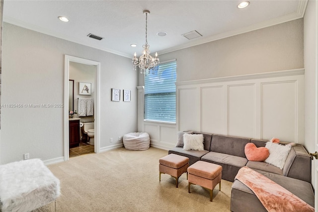15093 SW 16th St, Davie, FL 33326 - living area featuring a chandelier, carpet floors, ornamental molding, recessed lighting, and a decorative wall