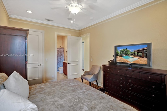 15093 SW 16th St, Davie, FL 33326 - bedroom with crown molding, recessed lighting, ensuite bath, and a ceiling fan