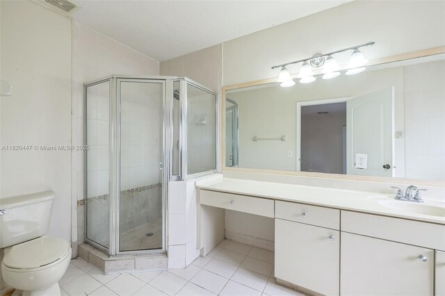 18043 SW 149th Pl, Miami, FL 33187 - full bathroom with vanity, a shower stall, tile patterned flooring, and vaulted ceiling