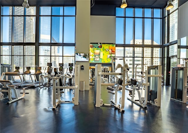 1010 Brickell Ave Unit 1409, Miami, FL 33131 - exercise room featuring a wall of windows and a high ceiling