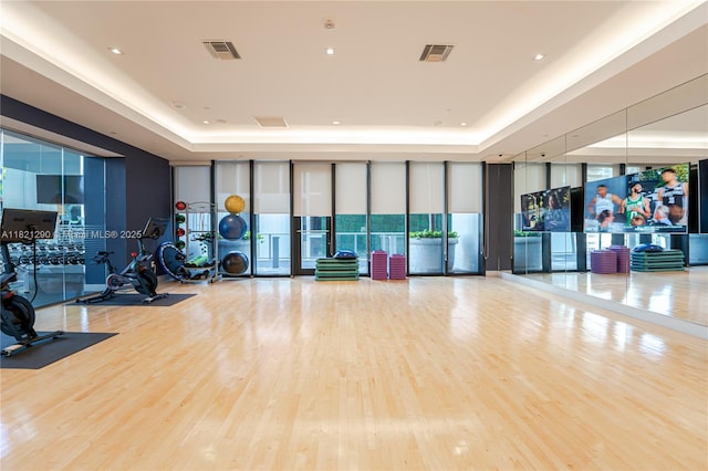 1010 Brickell Ave Unit 1409, Miami, FL 33131 - gym featuring a raised ceiling, a wall of windows, healthy amount of natural light, and wood finished floors