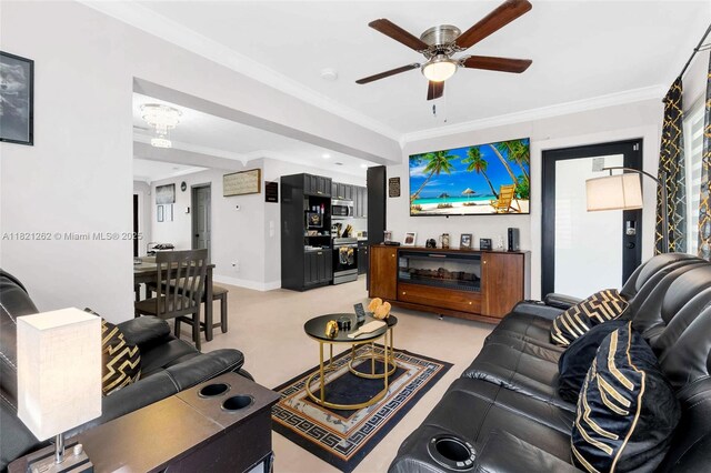 7631 Miramar Pkwy, Miramar, FL 33023 - living room with a ceiling fan, crown molding, and light colored carpet