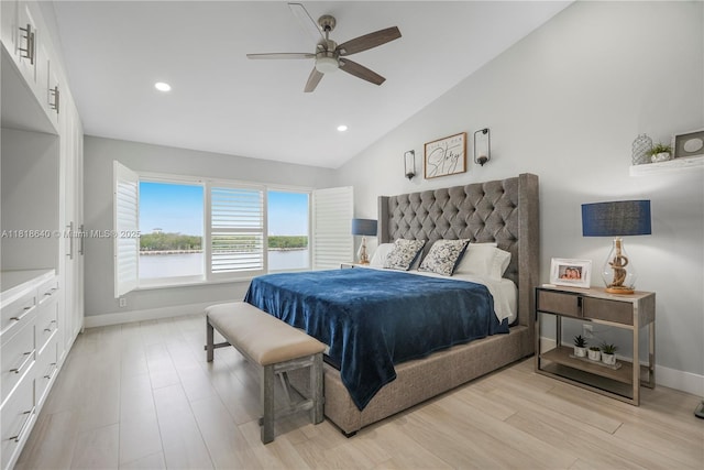 4034 N Ocean Dr, Hollywood, FL 33019 - bedroom with vaulted ceiling, recessed lighting, ceiling fan, and light wood-type flooring