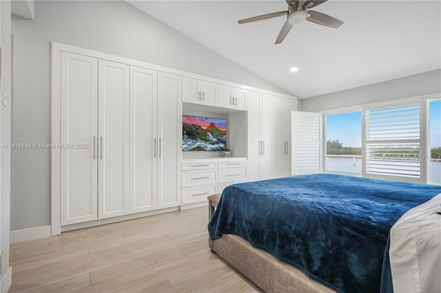 4034 N Ocean Dr, Hollywood, FL 33019 - bedroom featuring lofted ceiling, light wood finished floors, recessed lighting, and a ceiling fan