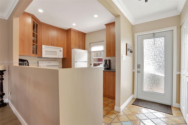 4311 NW 16th St Unit B103, Lauderhill, FL 33313 - kitchen with white appliances, ornamental molding, glass insert cabinets, a peninsula, and recessed lighting