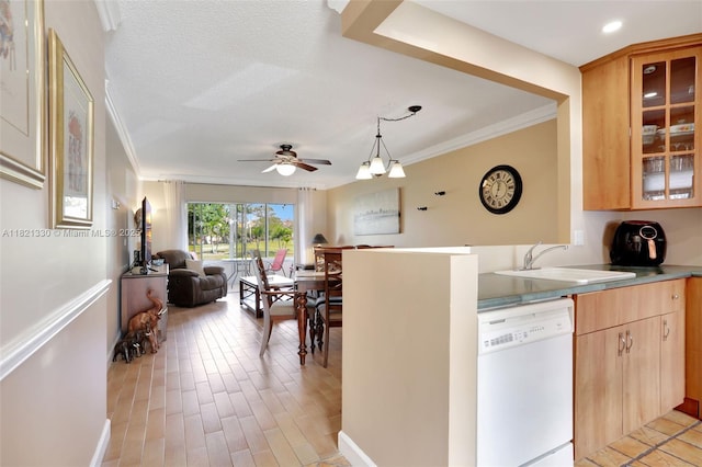 4311 NW 16th St Unit B103, Lauderhill, FL 33313 - kitchen featuring dishwasher, crown molding, open floor plan, glass insert cabinets, and ceiling fan