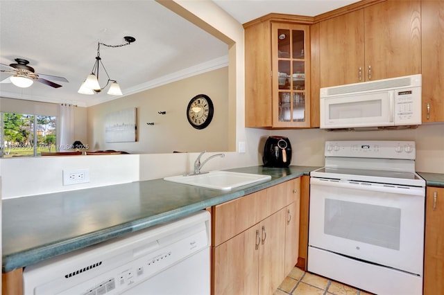 4311 NW 16th St Unit B103, Lauderhill, FL 33313 - kitchen featuring white appliances, crown molding, a ceiling fan, glass insert cabinets, and light tile patterned floors