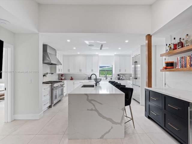 4531 SW 15th St, Miami, FL 33134 - kitchen featuring wall chimney exhaust hood, premium appliances, dark cabinets, white cabinets, and a kitchen bar