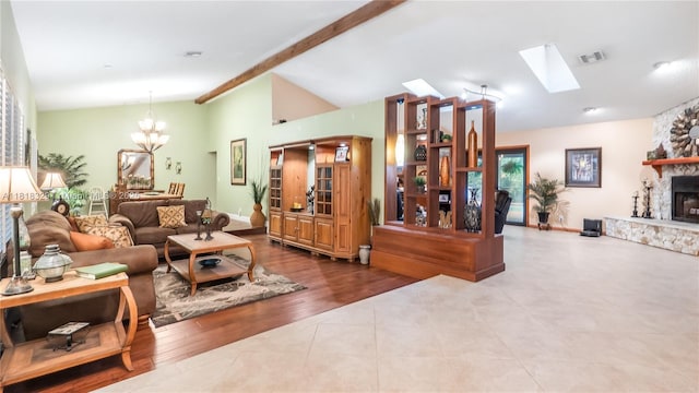 10123 Vestal Ct, Coral Springs, FL 33071 - living area with a skylight, a chandelier, and a fireplace
