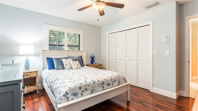10123 Vestal Ct, Coral Springs, FL 33071 - bedroom with dark wood-style floors, a closet, and a ceiling fan