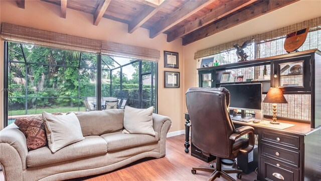 10123 Vestal Ct, Coral Springs, FL 33071 - office area with a wooden ceiling with exposed beams and wood finished floors