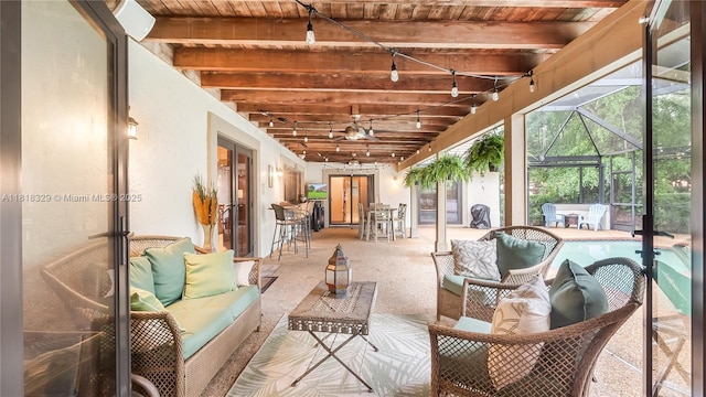 10123 Vestal Ct, Coral Springs, FL 33071 - view of patio with an outdoor living space, ceiling fan, french doors, and a lanai