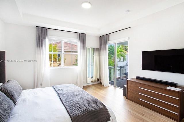 10857 NW 84th St, Doral, FL 33178 - bedroom featuring access to exterior, light wood-type flooring, and a tray ceiling