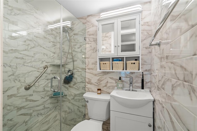 3021 Ellesmere B 3021, Deerfield Beach, FL 33442 - full bathroom with vanity, a stall shower, tile walls, and backsplash