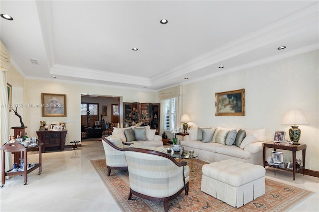 180 Solano Prado, Coral Gables, FL 33156 - living room featuring a raised ceiling, crown molding, and recessed lighting