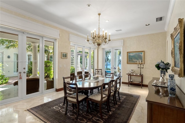 180 Solano Prado, Coral Gables, FL 33156 - dining room with french doors, a chandelier, crown molding, and light marble finish flooring
