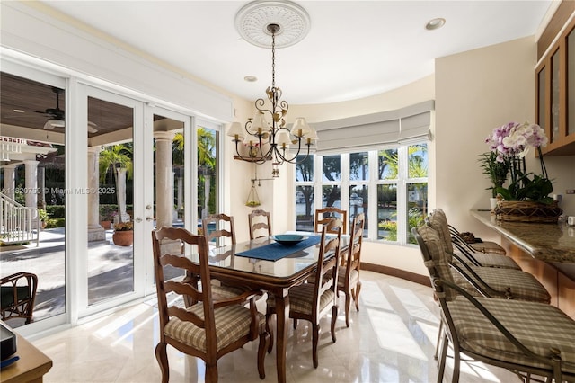 180 Solano Prado, Coral Gables, FL 33156 - dining room featuring healthy amount of natural light, a chandelier, french doors, and recessed lighting