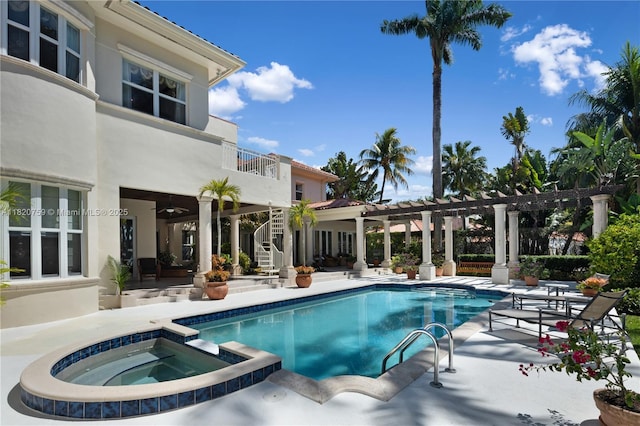 180 Solano Prado, Coral Gables, FL 33156 - view of swimming pool with a pool with connected hot tub, a patio, a pergola, and stairway