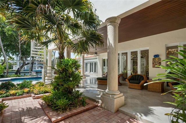 180 Solano Prado, Coral Gables, FL 33156 - view of patio / terrace featuring french doors, ceiling fan, and stairs