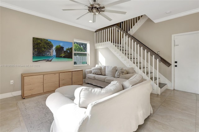 15201 SW 46th Ct, Miramar, FL 33027 - living area with crown molding, a ceiling fan, stairway, and light tile patterned floors