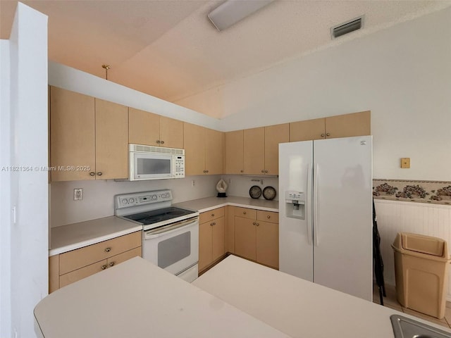 5657 NW 121st Ave, Coral Springs, FL 33076 - kitchen featuring white appliances, light brown cabinetry, light countertops, and vaulted ceiling